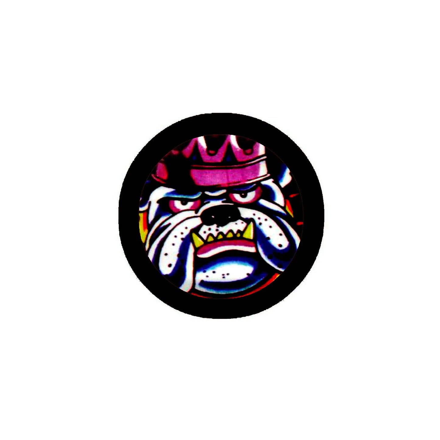 2.25-inch bulldog pinback button, colorful cartoon face in black circle