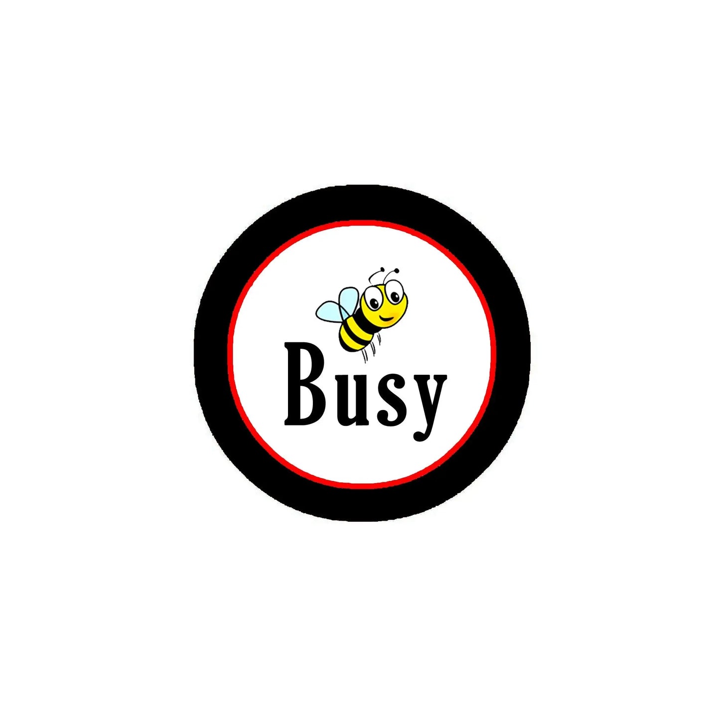 Busy pinback badge, 2.25 in, black border with bee icon and red ring