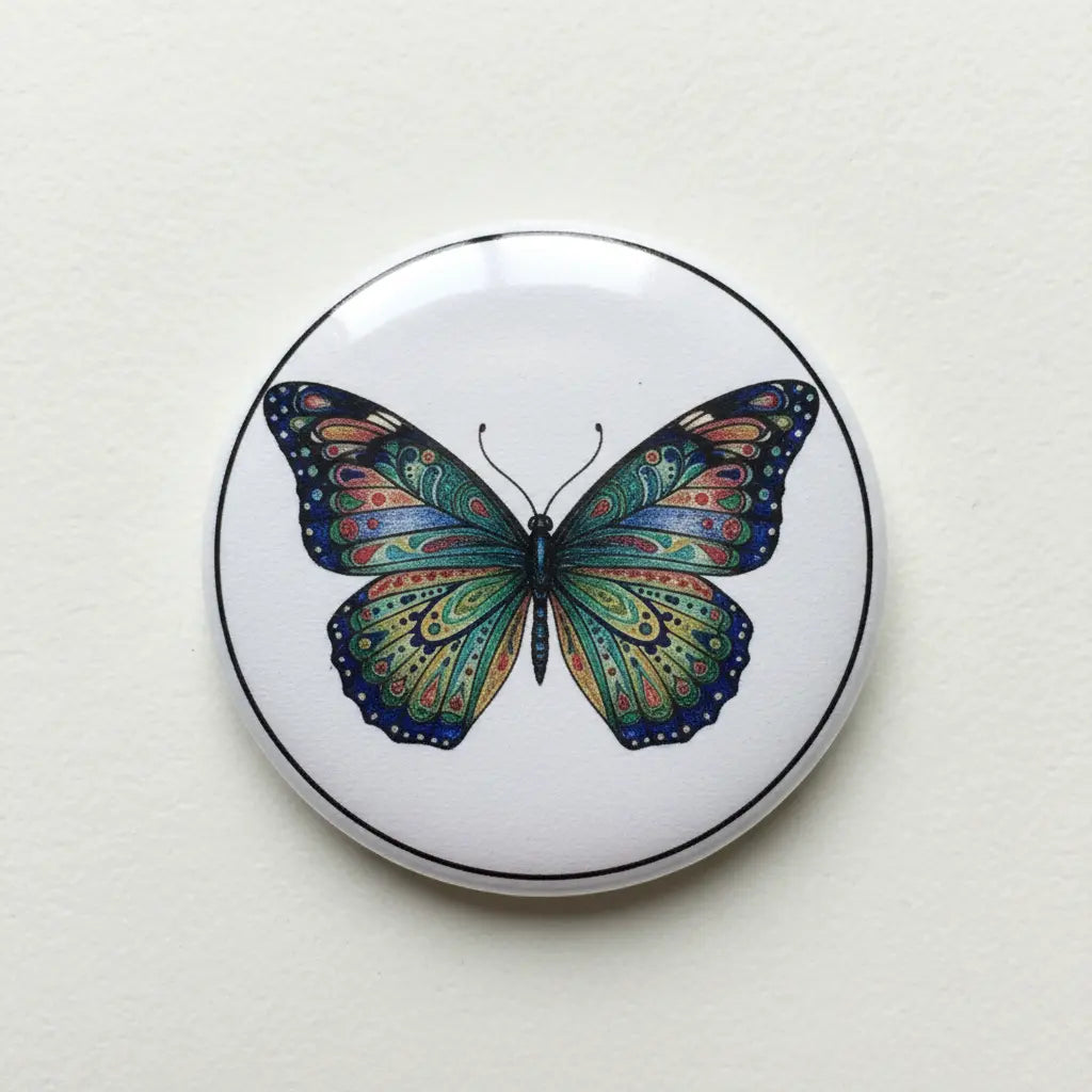 Butterfly badge reel with colorful felt-style butterfly graphic, retractable circular case