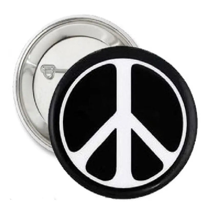 Peace sign pinback button, black peace symbol on white circle with silver edge