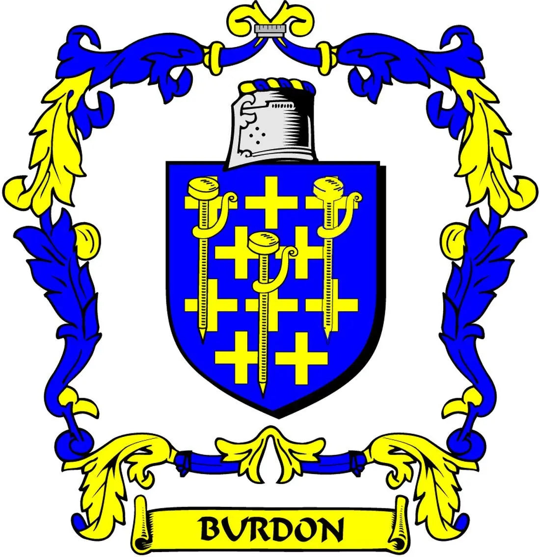 Burdon family crest coat arms magnet with blue-and-yellow shield and “BURDON” banner