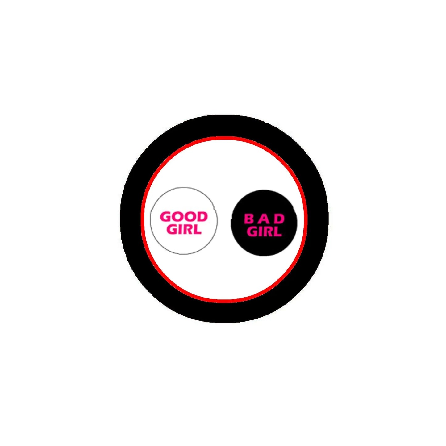 1.25-inch pinback button: black rim, red ring, 'GOOD GIRL'/'BAD GIRL' halves