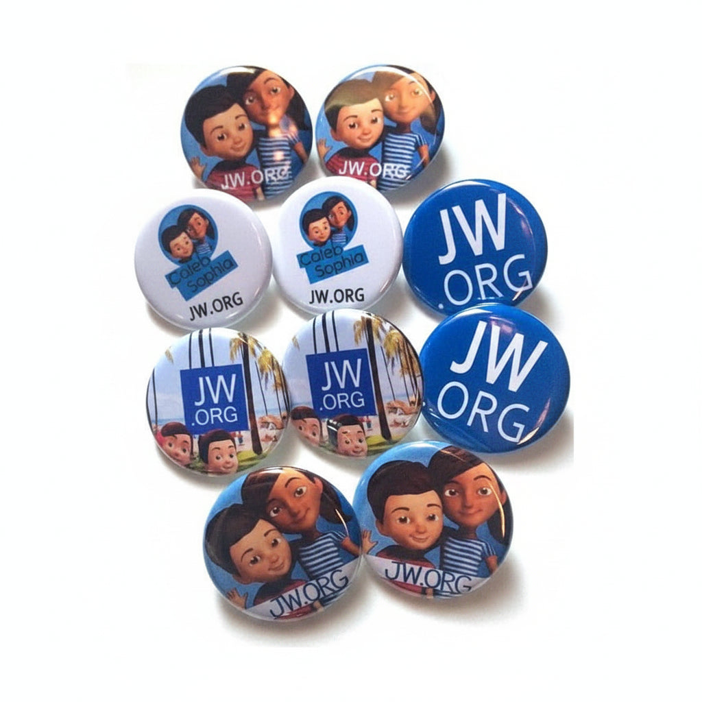 2.25-inch Caleb and Sofia Variety Pack JW.org pins and Bible Study Buttons - Bulk Pack of 24