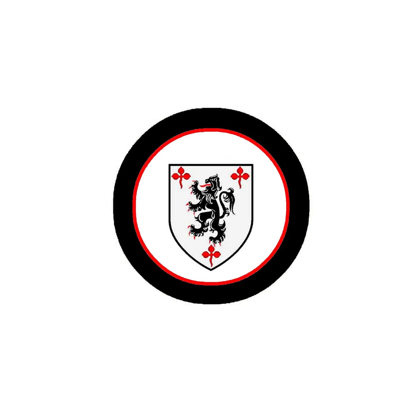Round pinback badge with black rim, red border, and white crest with lion and red crosses