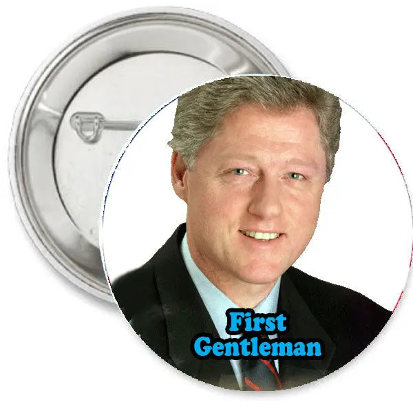 1.25-inch pinback button with portrait and 'First Gentleman' lettering, metal back
