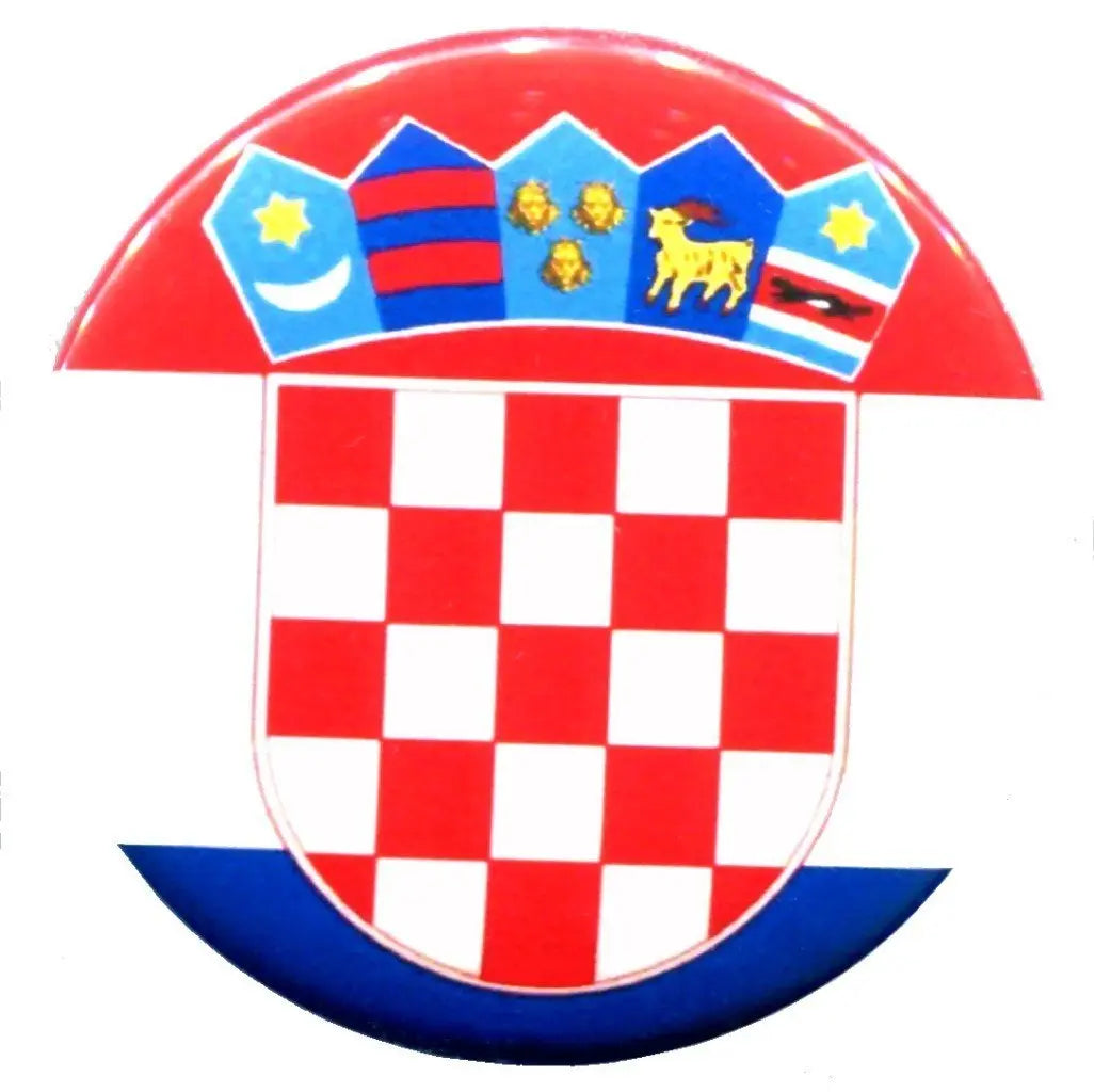 Croatian flag enamel pin with checkerboard design and coat-of-arms in a red circular border
