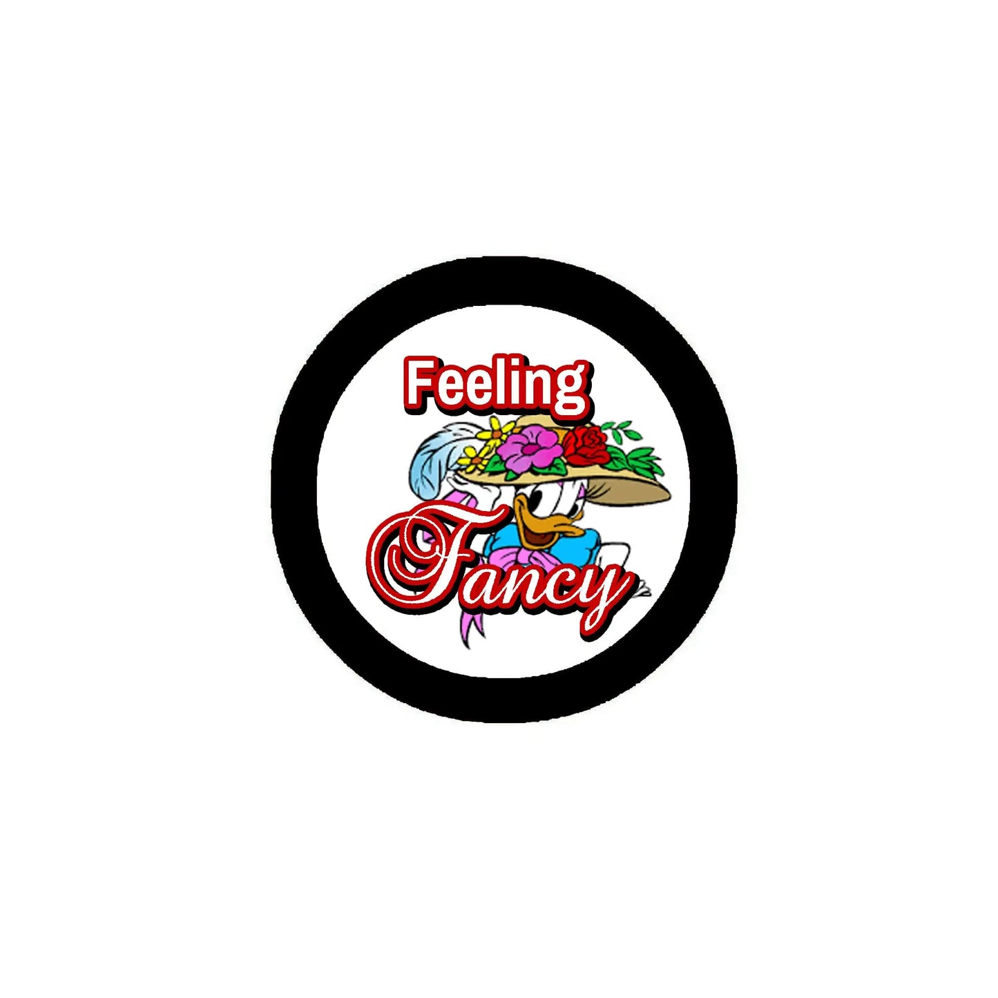 Round black pinback badge with colorful “Feeling Fancy” text and flowers