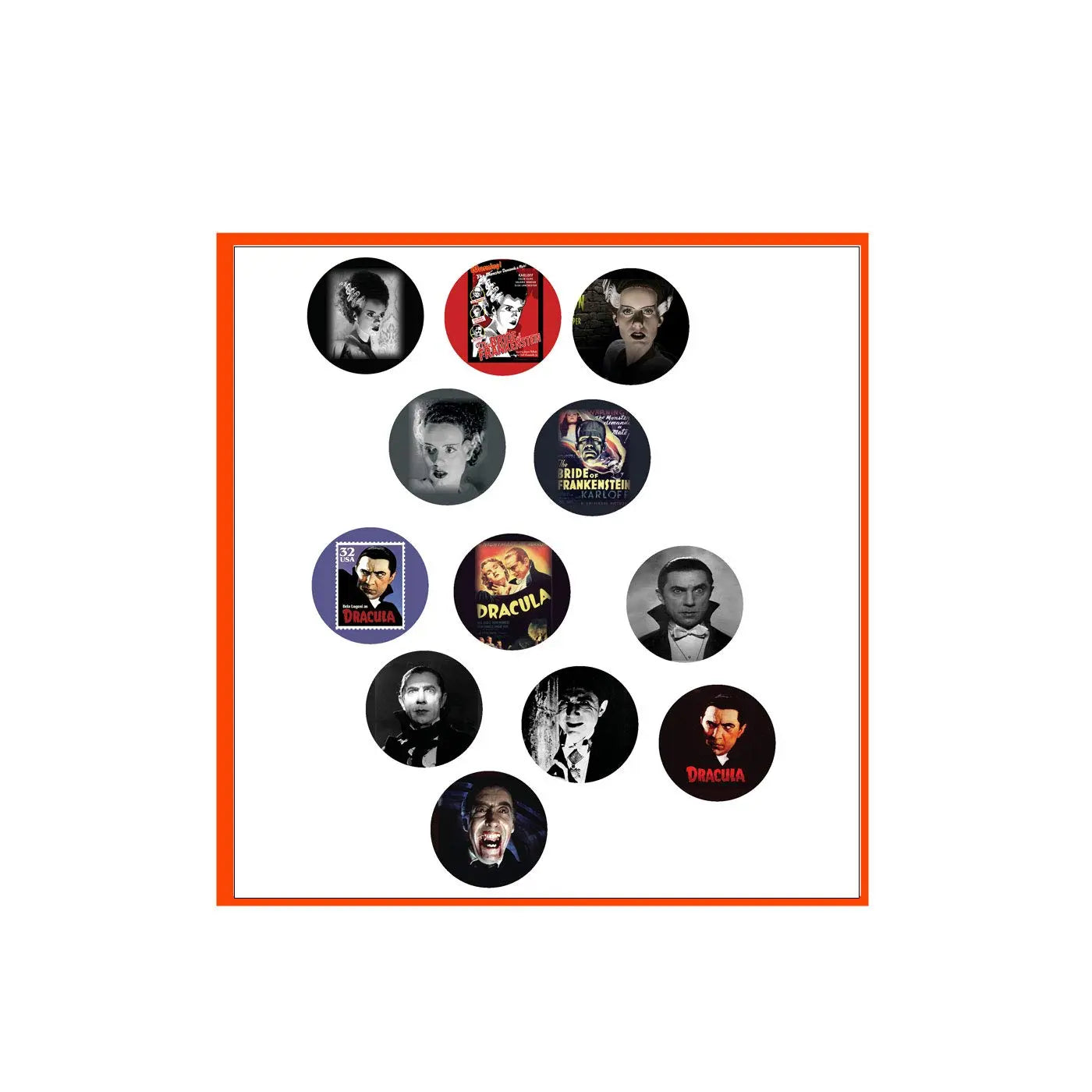 Set of circular bride pinback buttons with Dracula and Frankenstein character faces