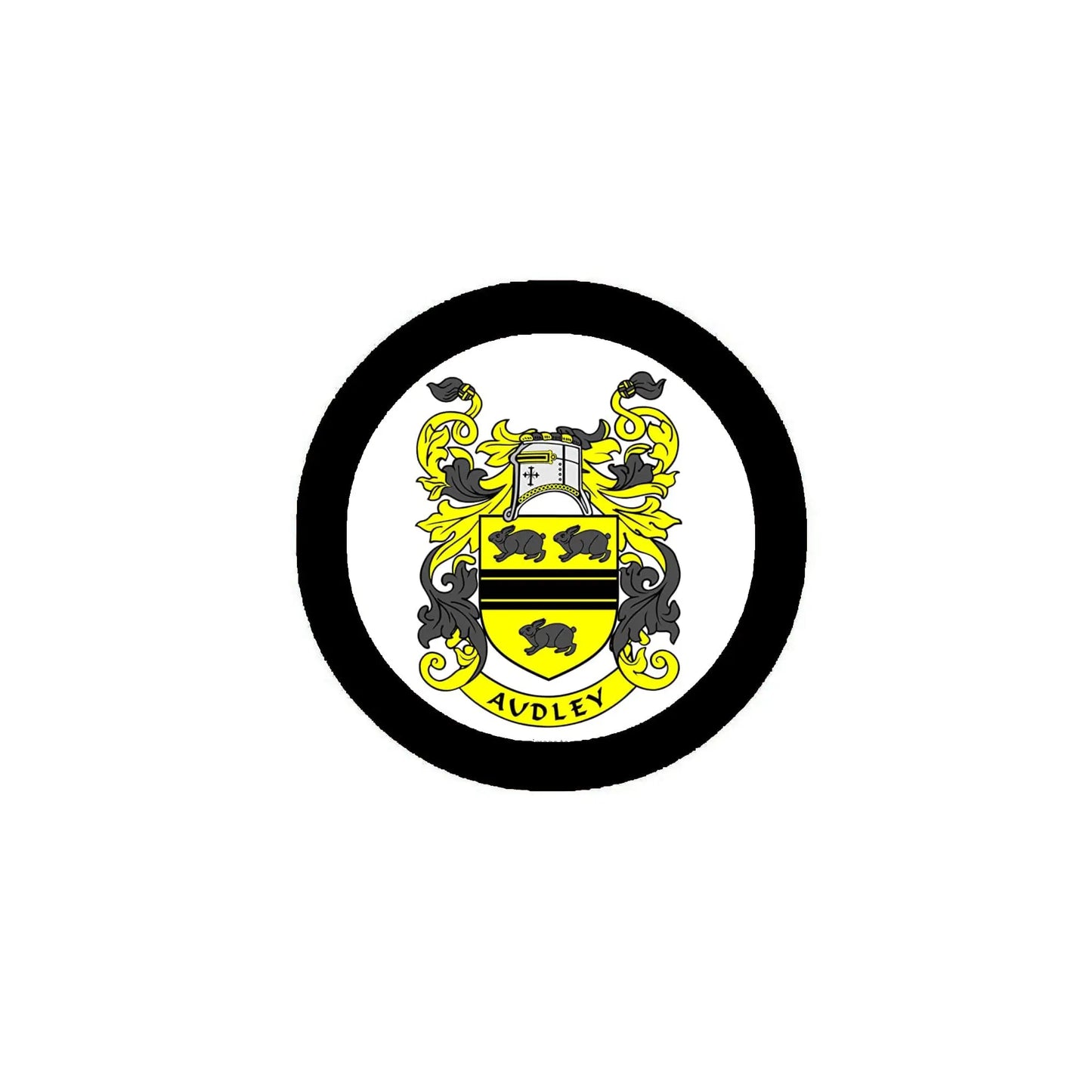 Round family crest coat-of-arms magnet with black border and yellow shield, AUDLEY text