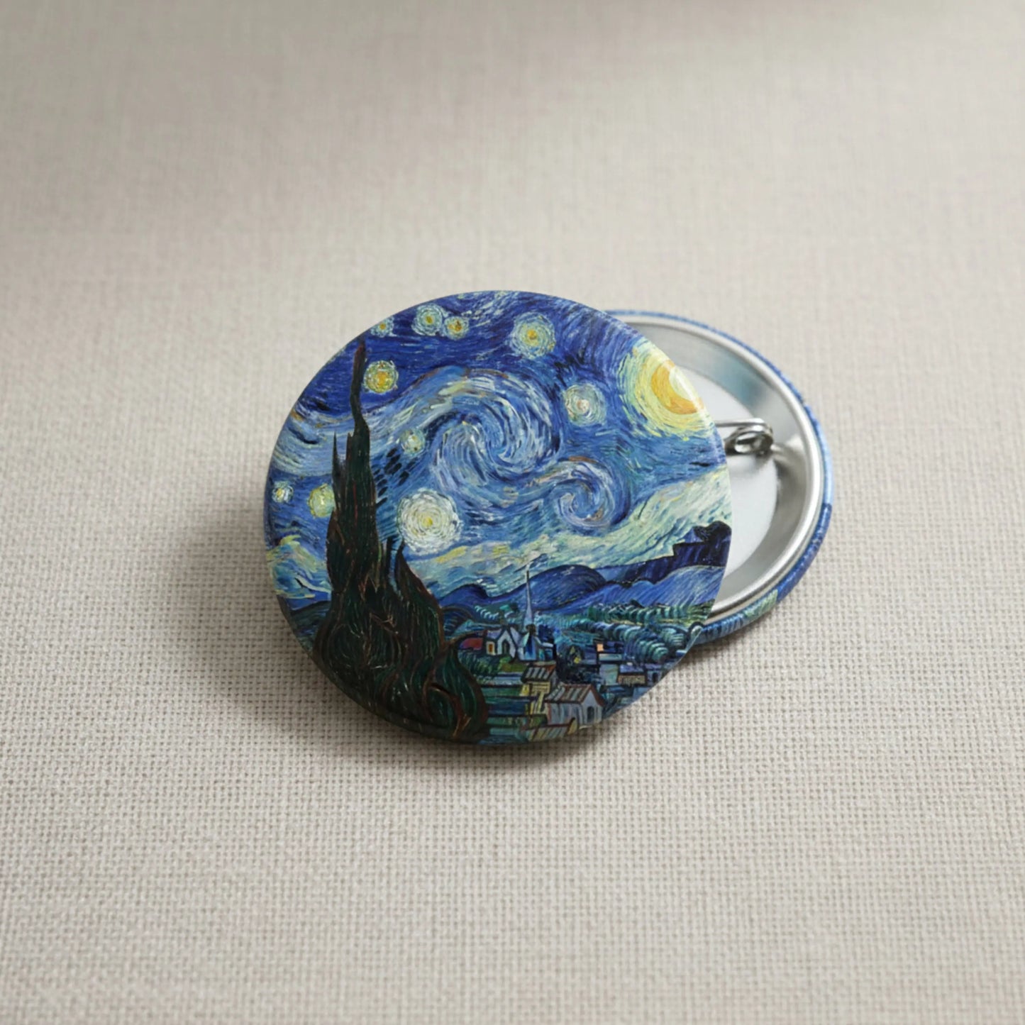 Van Gogh Starry Night felt badge reel with round blue artwork and metal clip