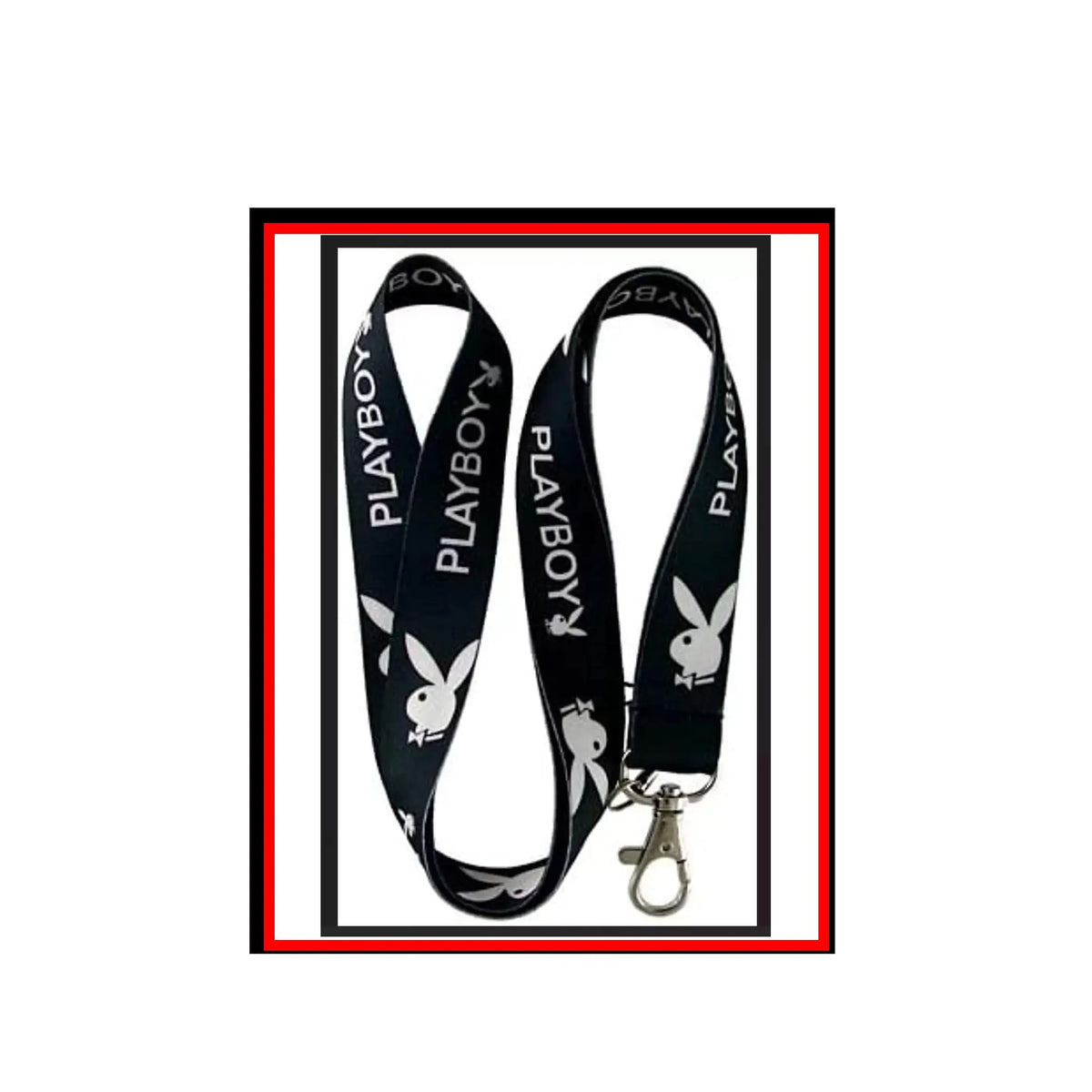 Black and white Playboy bunny lanyard with metal key clip