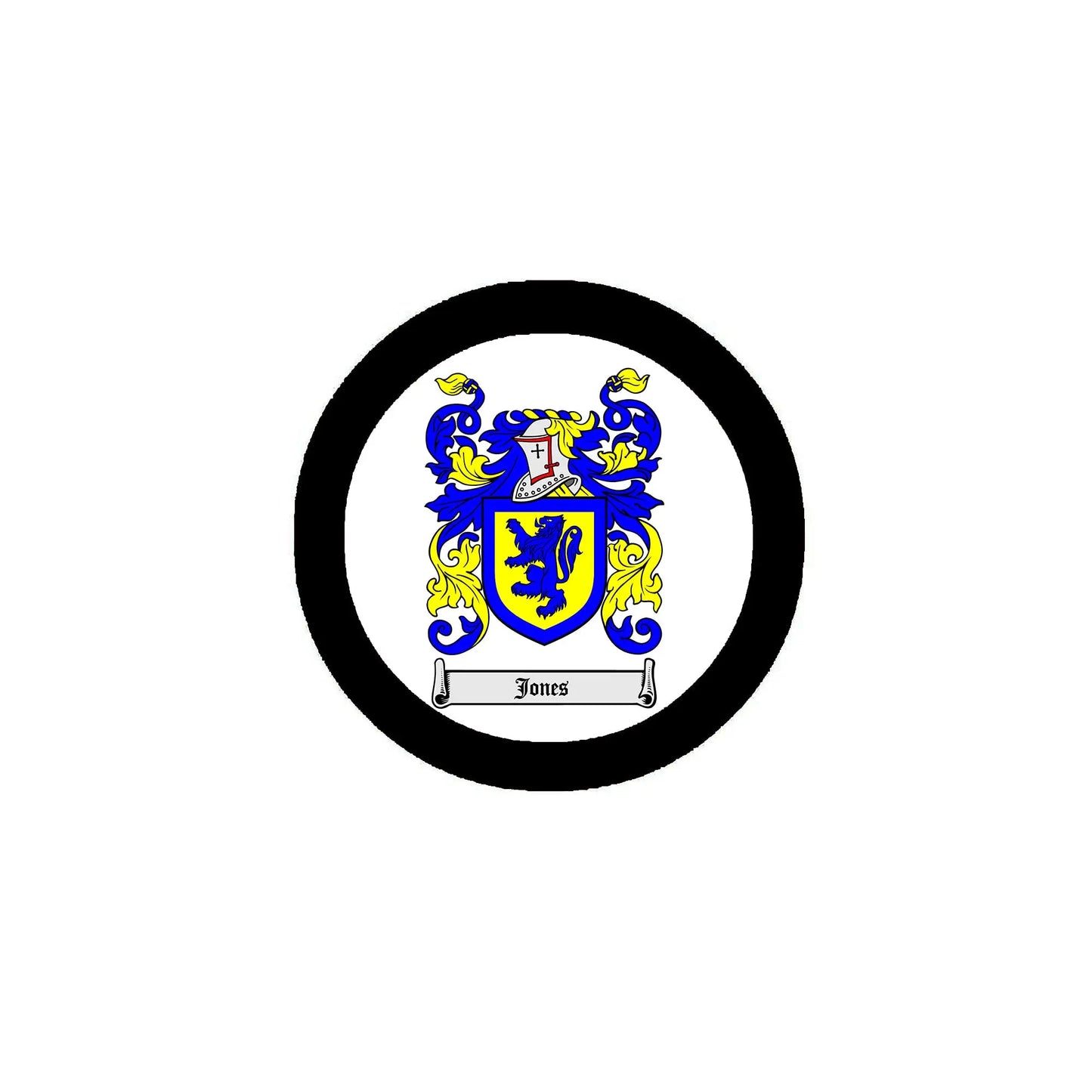 Round coat of arms pin badge with blue shield crest and ornate yellow details, black rim