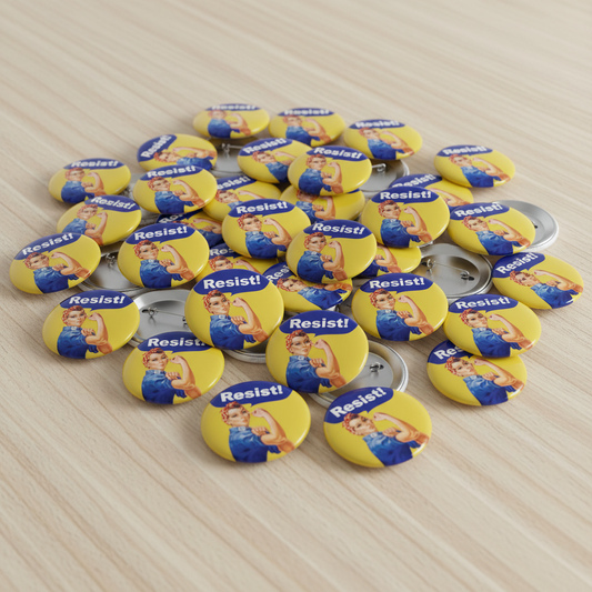 Rosie the Riveter style pinback buttons set, yellow oval with 'Resist' text.