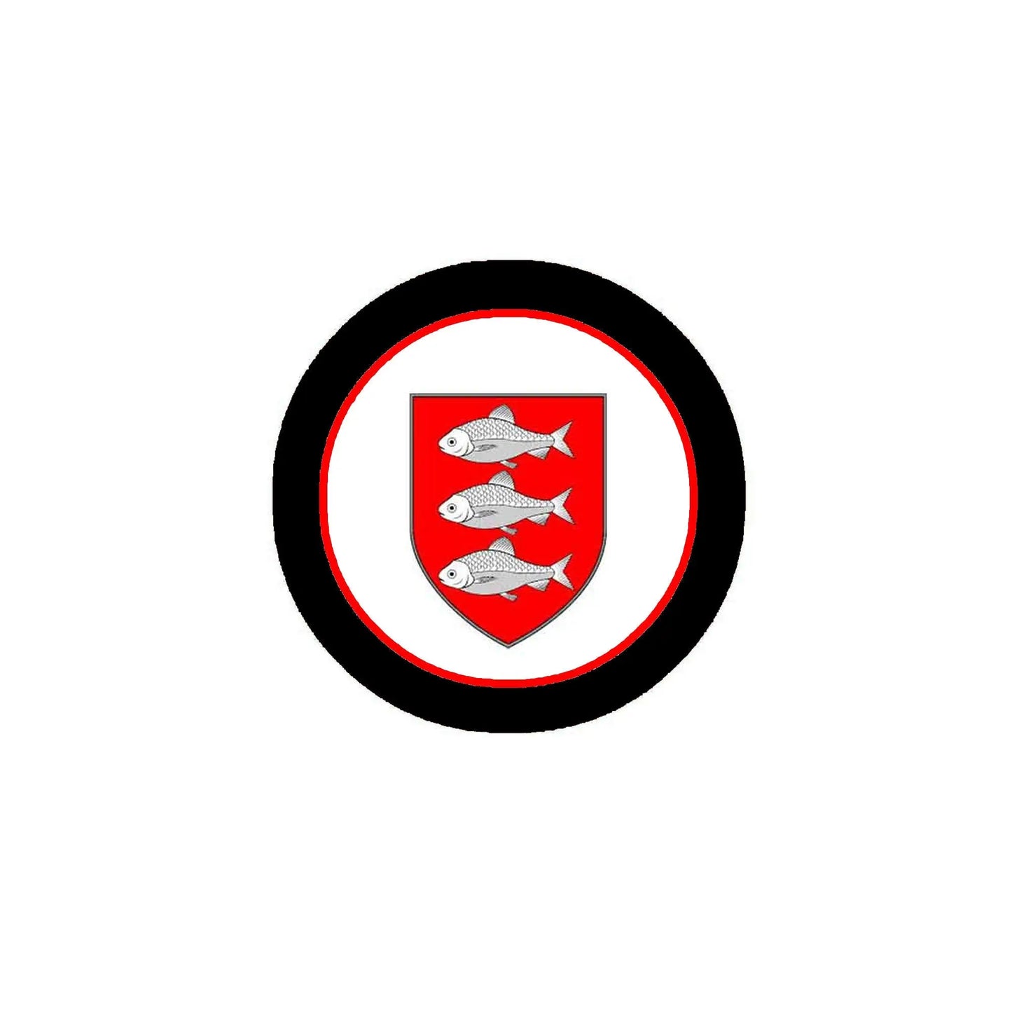 3-inch circular coat of arms magnet with black rim and red shield featuring three fish