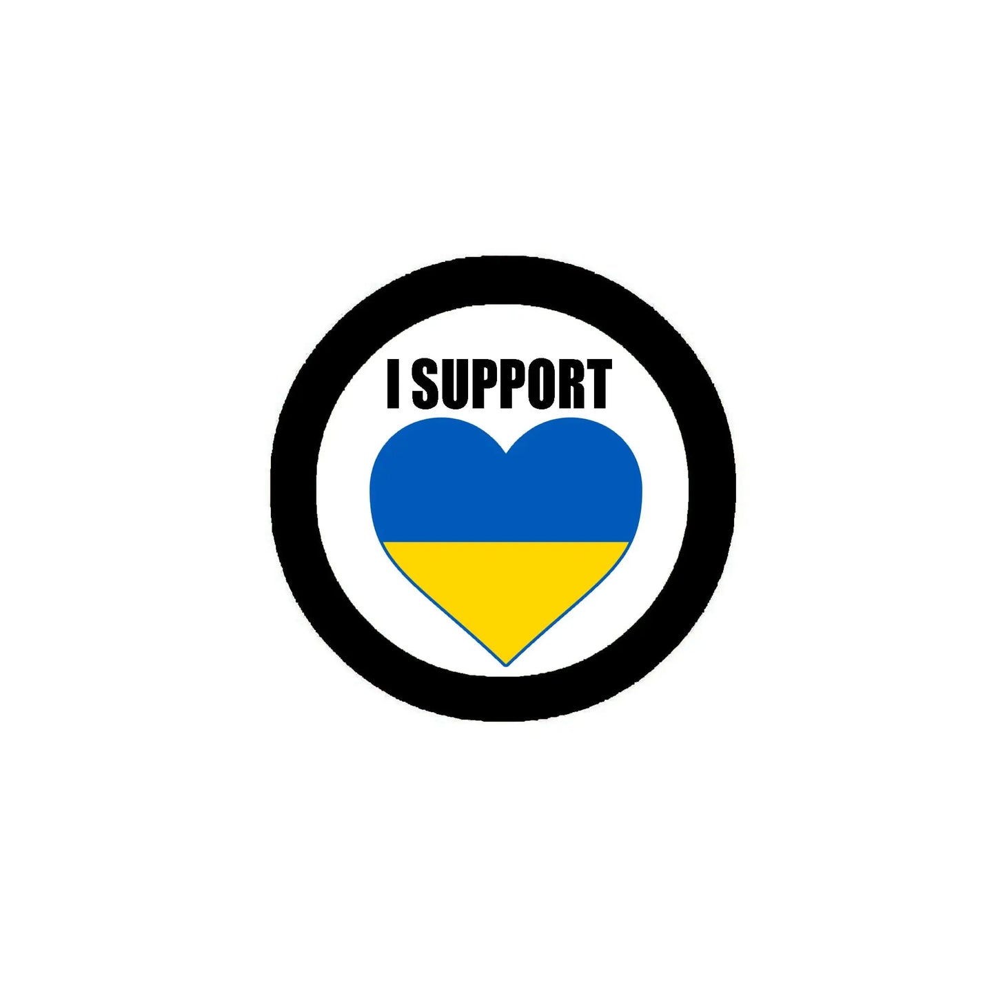 Support Ukraine pinback button with black rim, 'I SUPPORT' text, blue-yellow heart.