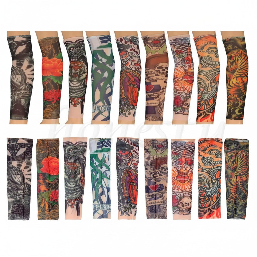 Assorted tattoo sleeves showing varied colorful skull, floral and geometric designs