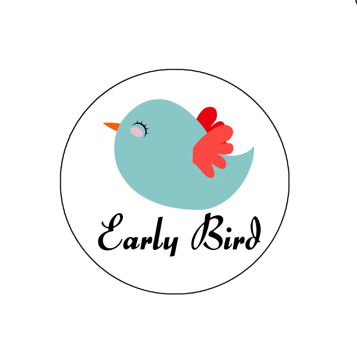 Retractable badge reel with circular Early Bird logo: teal bird with red bow, white background