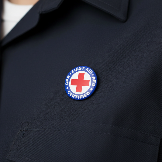CPR First Aid AED pinback badge on dark uniform jacket