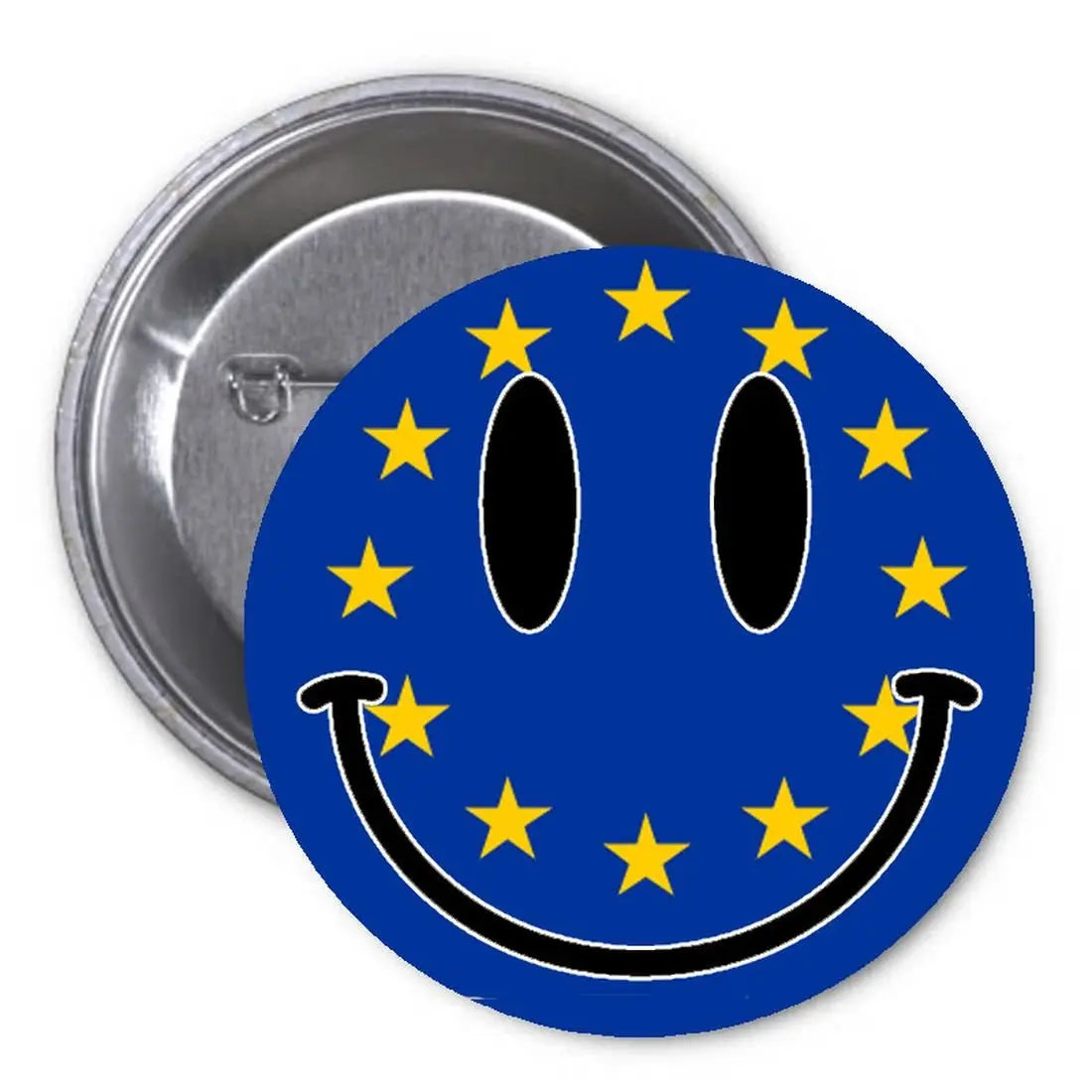 EU flag smiley face 1.25-inch pinback button with blue center and yellow stars