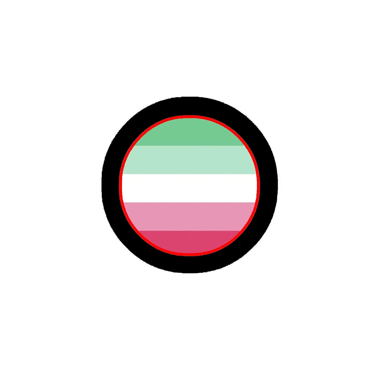 Round pinback button with black rim and circular abrosexual flag stripe design