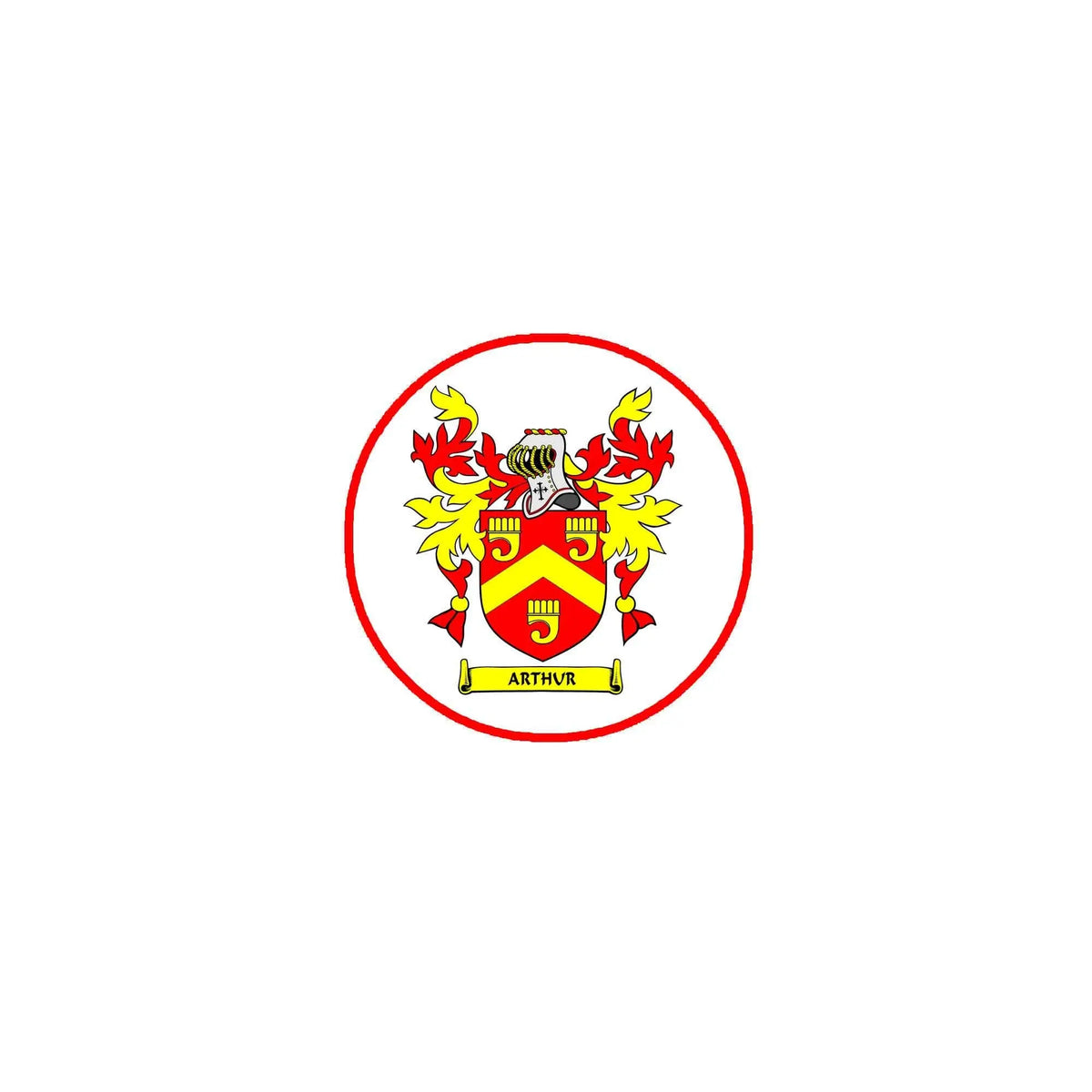 Circular red-and-gold family crest magnet with shield and wings, text ARTHUR HB