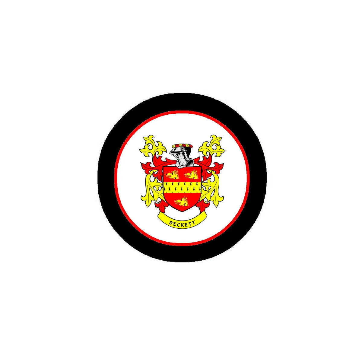 Circular Beckett family crest arms magnet with black rim and red inner border