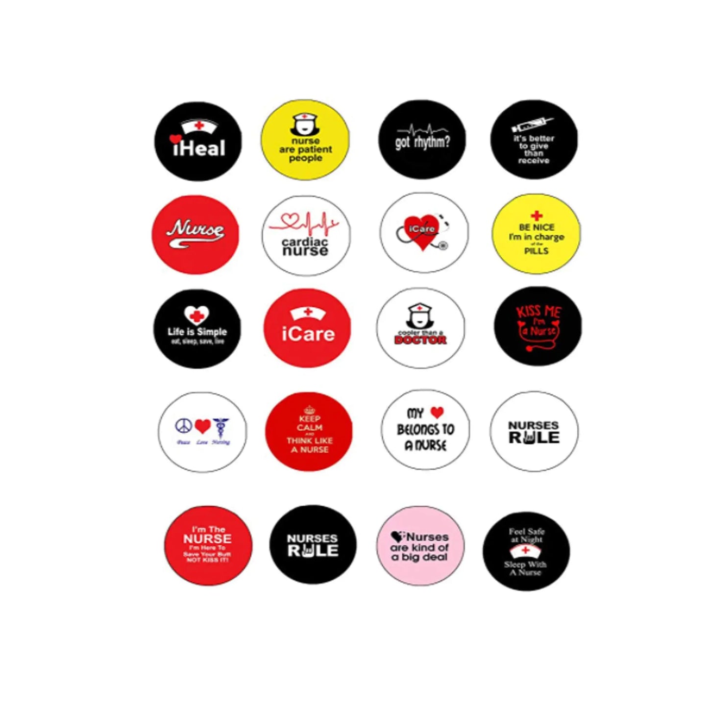 Set of round nurse-themed pinback buttons with colorful icons and motivational text