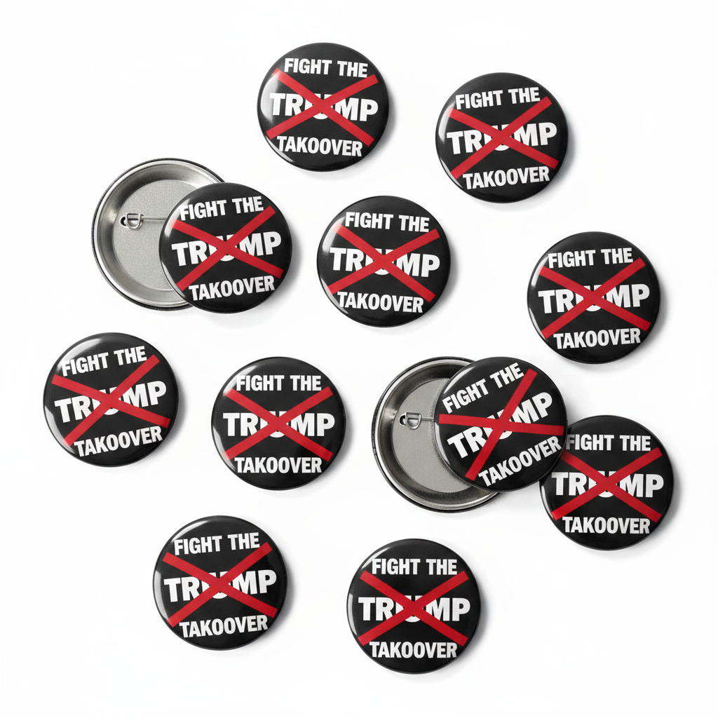 Set of black pinback buttons with silver rims, 'FIGHT THE TRUMP TAKEOVER' and red X