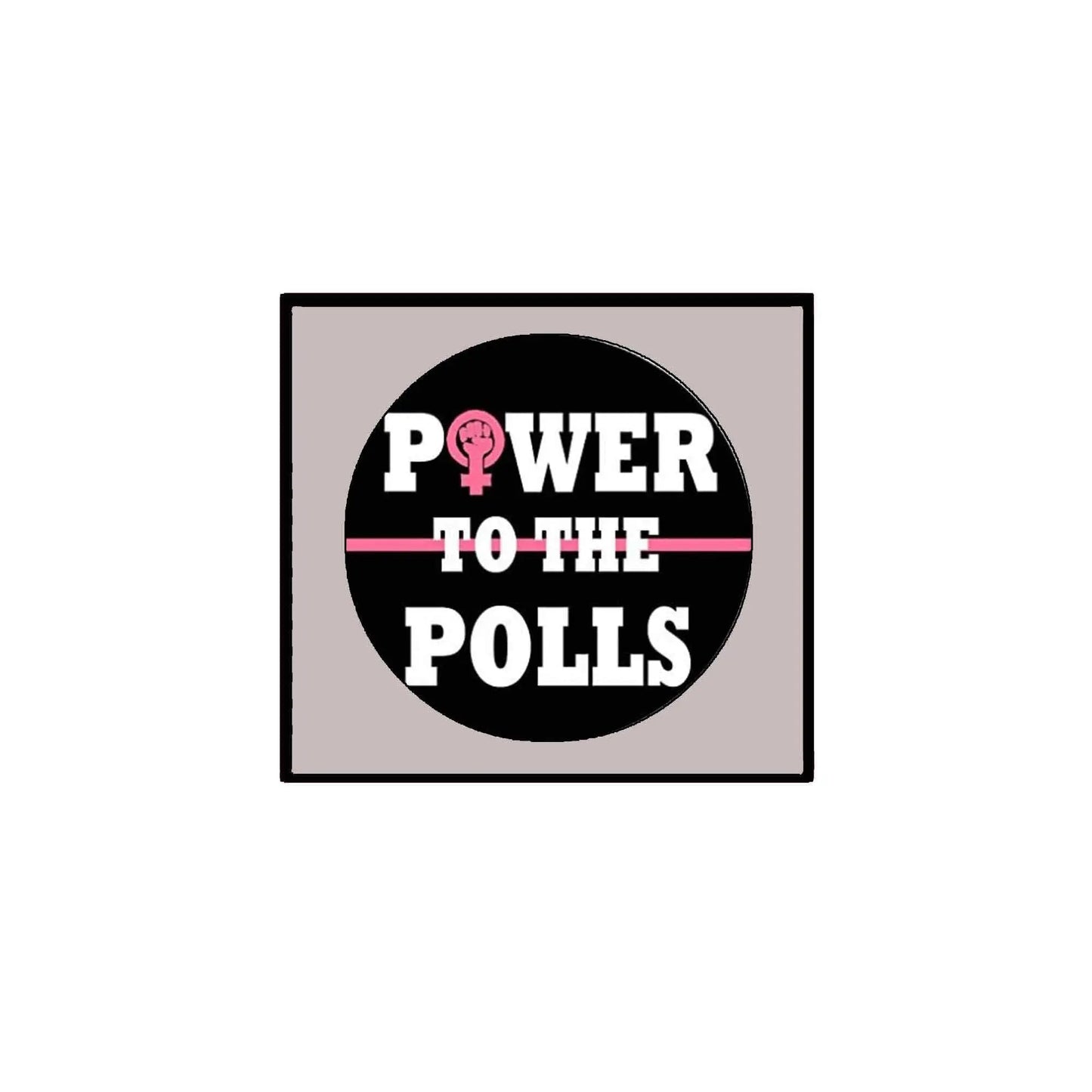 Power to the Polls pinback button: black circle with slogan text and voting icons
