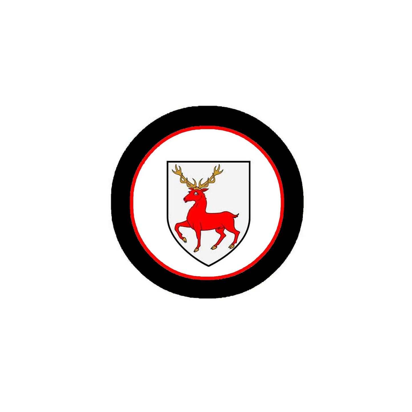 3-inch circular coat of arms magnet with red deer in white shield, black outer ring