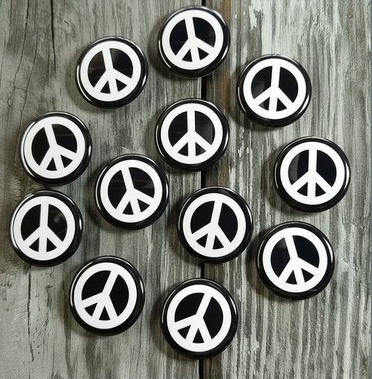 Set of black peace sign pinback buttons, round 1 1/4 inch badges