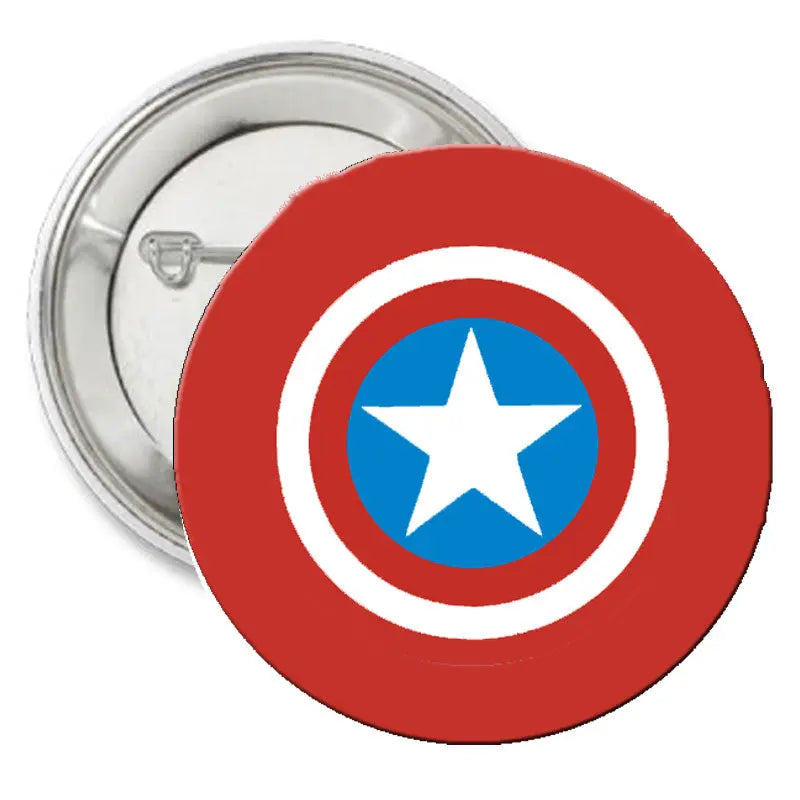 Captain America pinback button with red shield, blue circle and white star, silver back