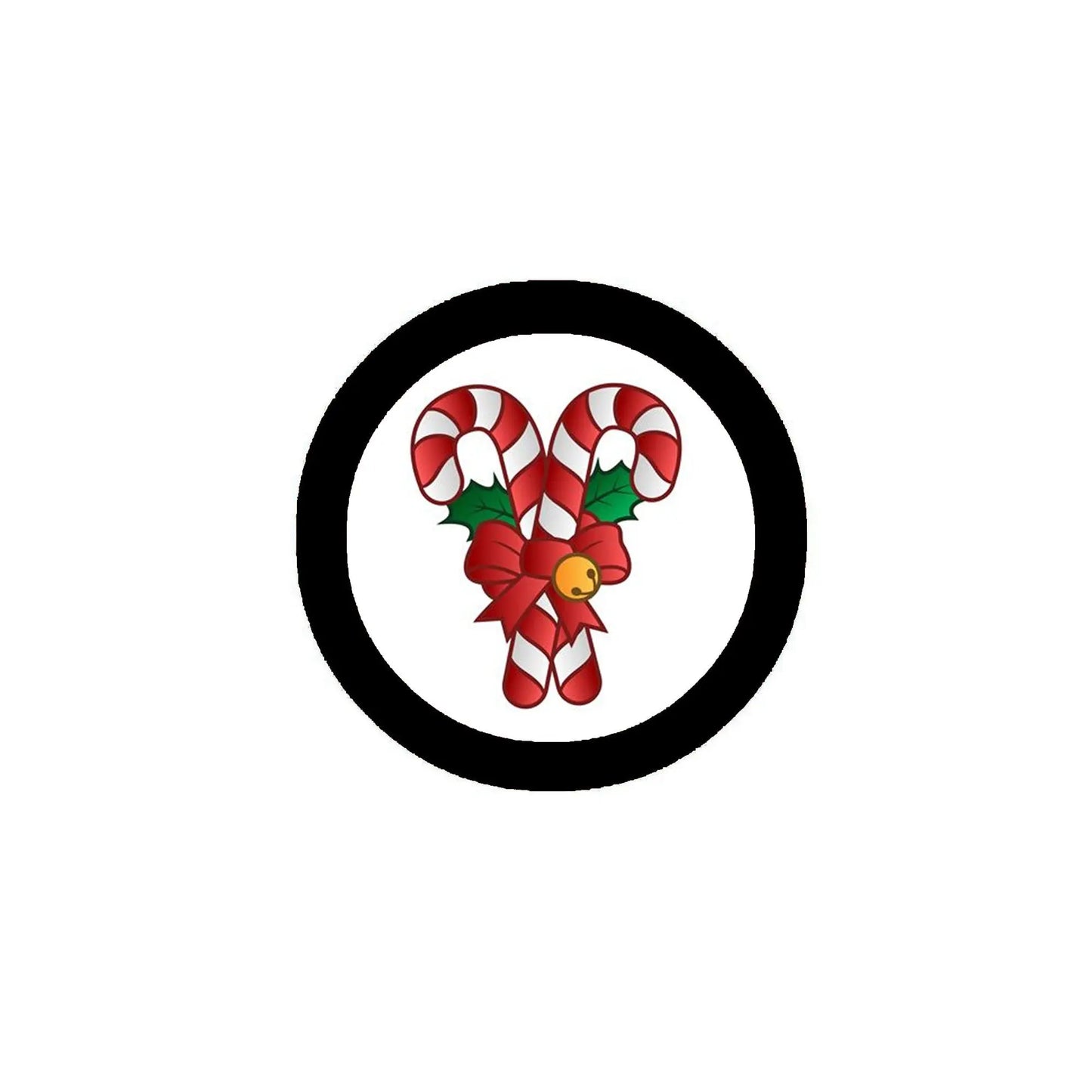 1.25-inch candy caner pinback button with black rim and two red-and-white candy canes