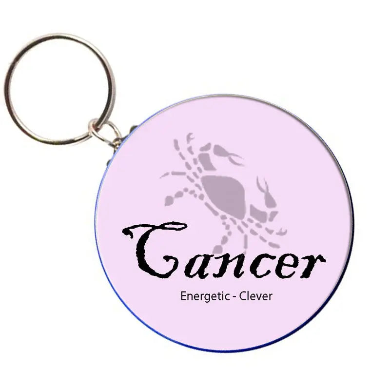 Cancer zodiac bottle opener keychain: round lilac disc with crab symbol and 'Cancer' text