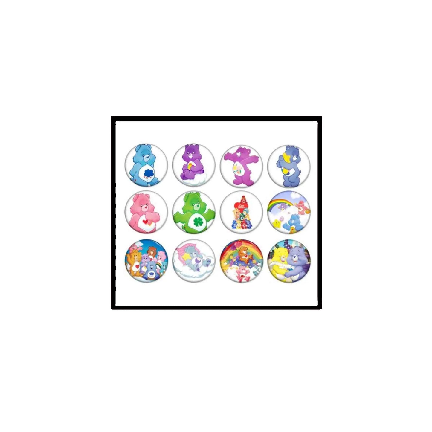 10-piece round bear pinback buttons set with colorful cartoon bear faces in display box.