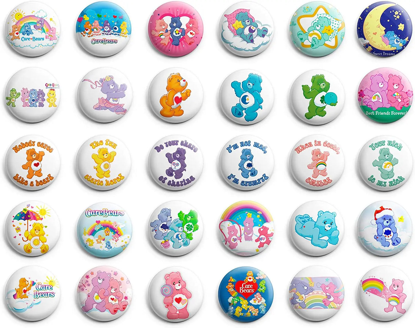 Set of round bear-themed pinback buttons with colorful character designs