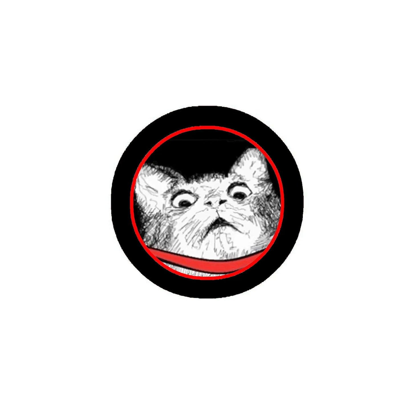 Round cat sketch pinback button with black border, red ring, and gray-white cat face