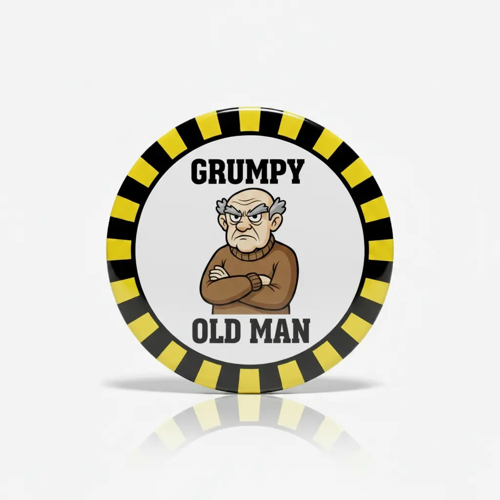 Round pinback button with striped border and “GRUMPY OLD MAN” graphic