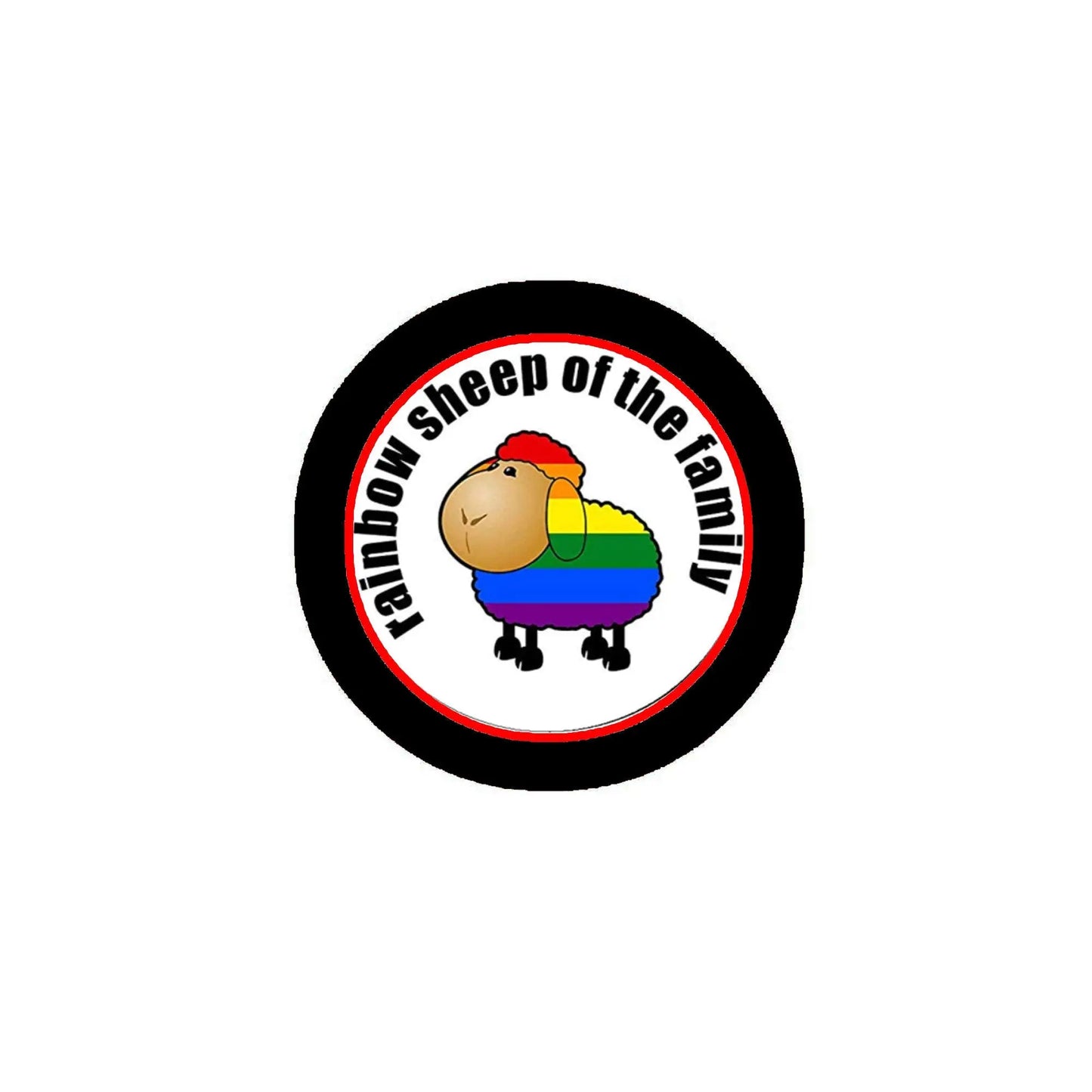 Rainbow-themed sheep pinback button with circular black border and colorful design