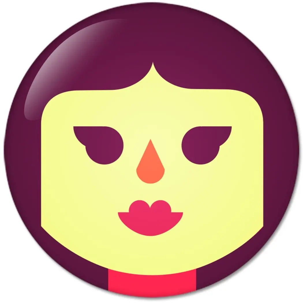 Round pinback button with maroon border and yellow woman face emoticon, red mouth and orange drop.