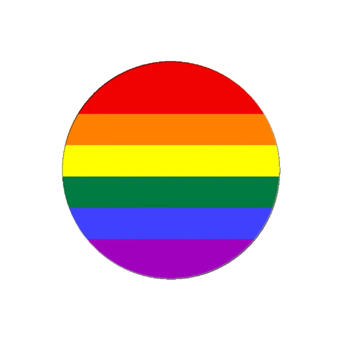 Rainbow pride circular pinback button with multicolor stripe flag design