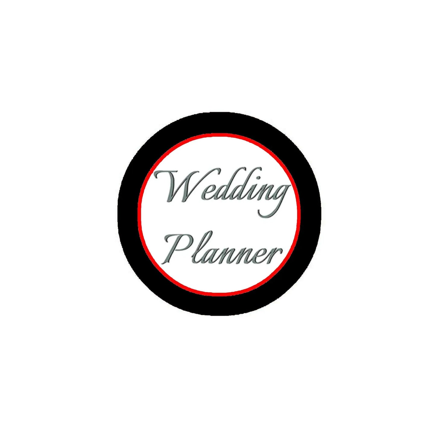 Round pinback badge with black edge, red ring, and "Wedding Planner" lettering