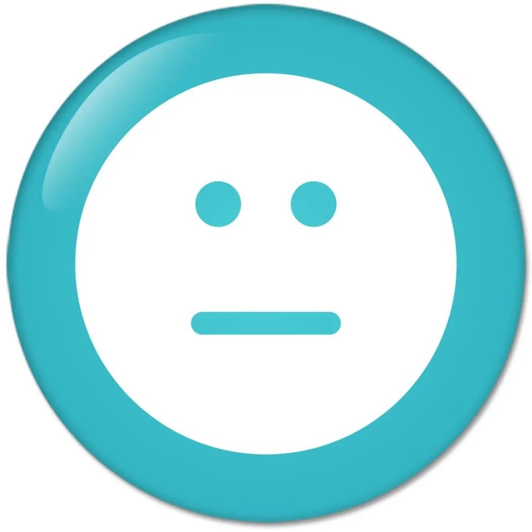 Teal pinback button with white sad face emoticon icon