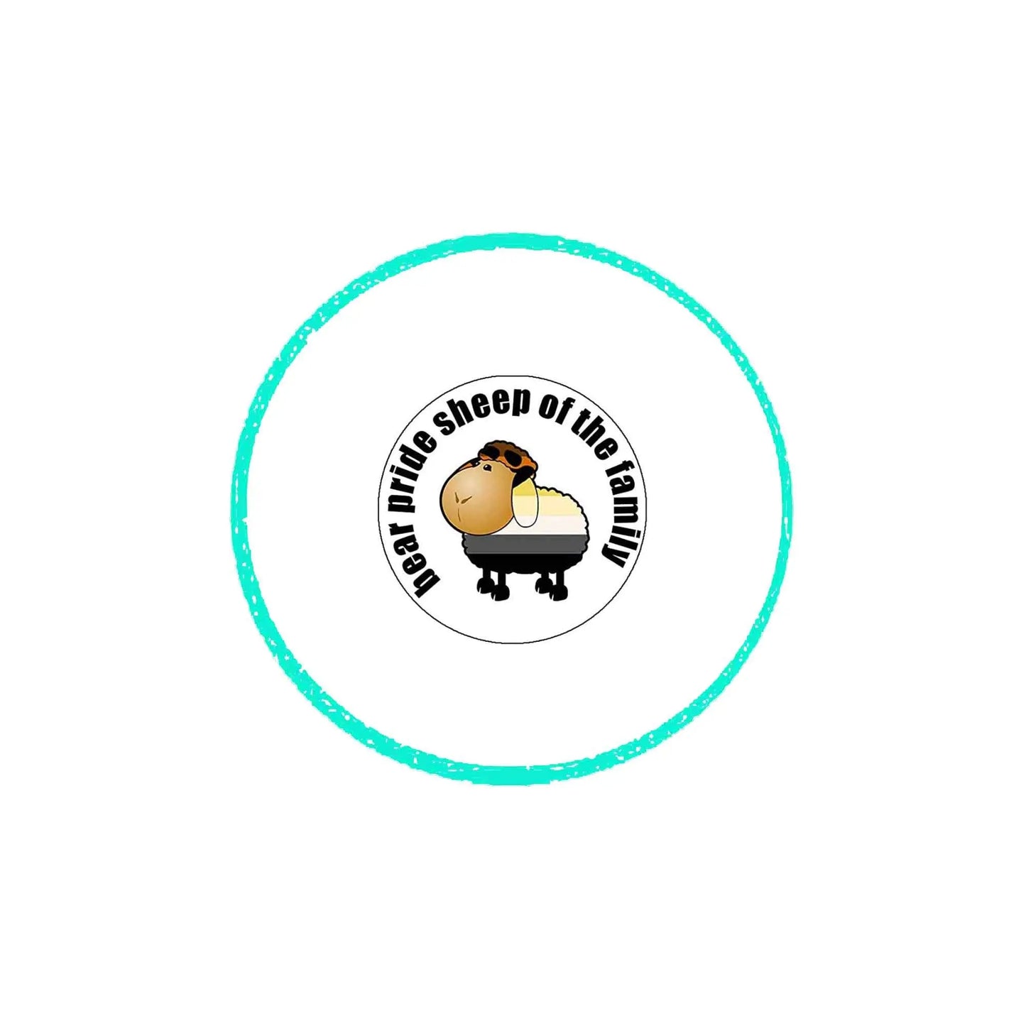 1.25-inch pinback button with sheep portrait and Bear Pride text, teal ring border