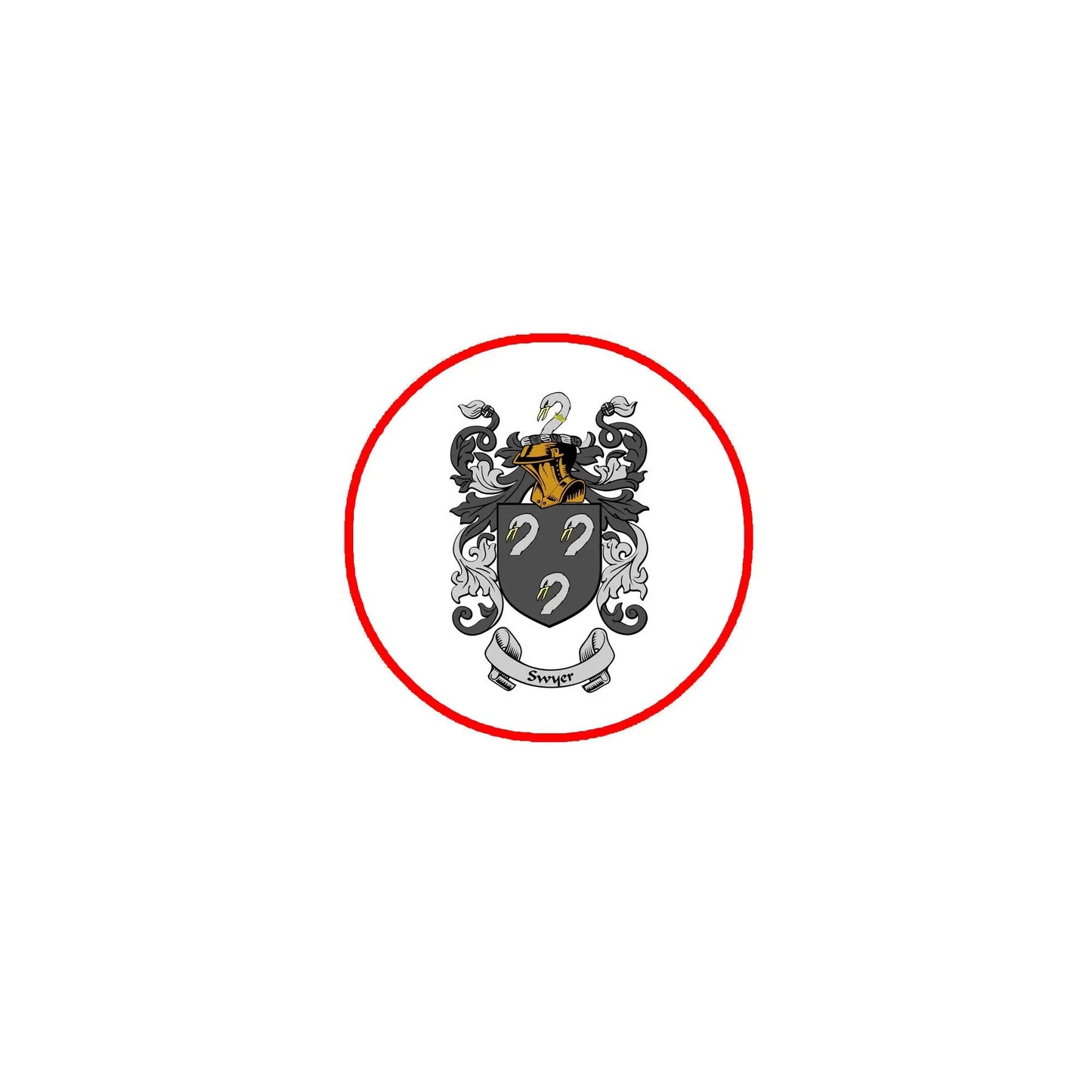 Round pinback badge with red border and dark family crest design in center
