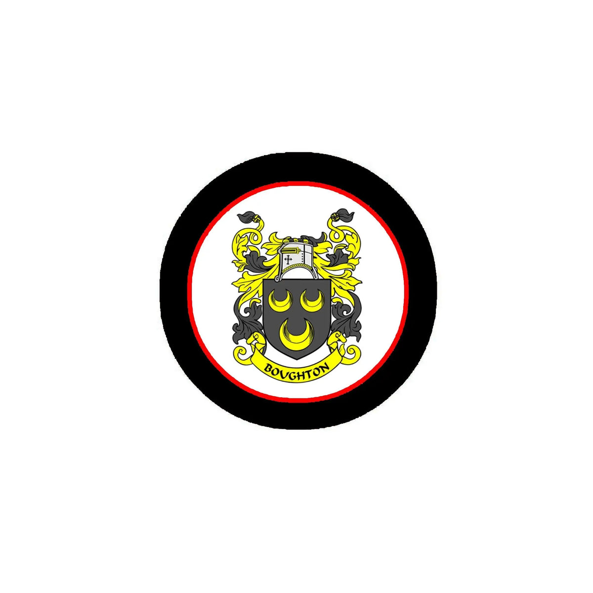 Round Boughton coat of arms crest magnet, black rim with colorful shield center