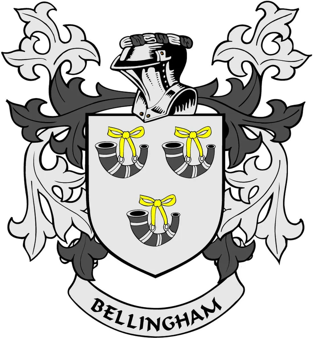 Family crest coat of arms magnet: shield with bows and BELLINGHAM text