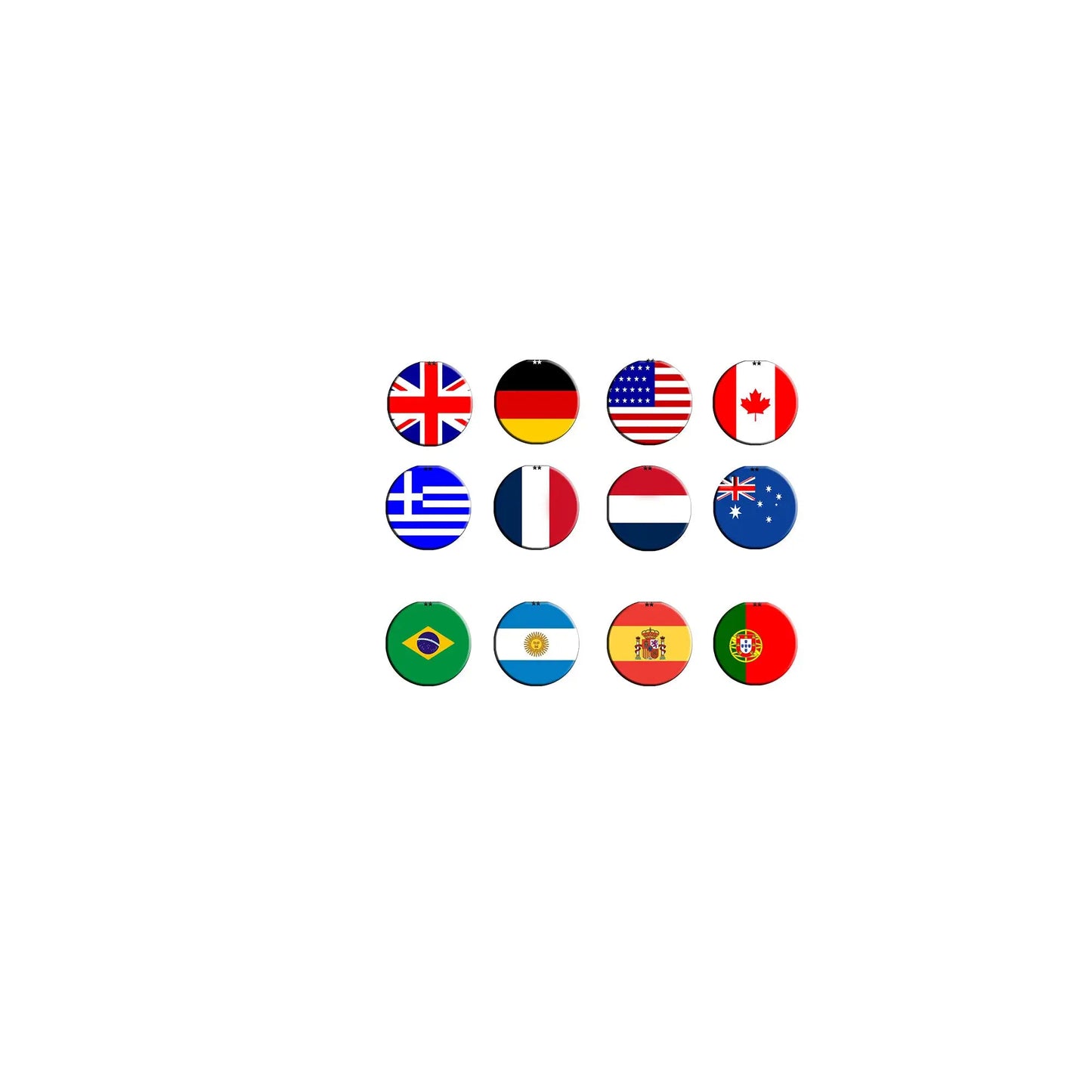 Set of 12 circular pinback buttons with assorted world flag designs, hashtag style