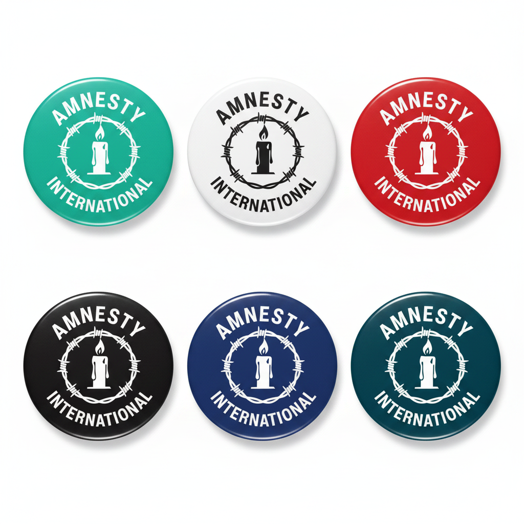 Six round Amnesty International pin-back buttons arranged in two rows on a white background. The buttons are shown in teal, white, red, black, blue, and dark teal, each featuring the organization's logo with a candle, barbed wire, and the words 'AMNESTY INTERNATIONAL'.