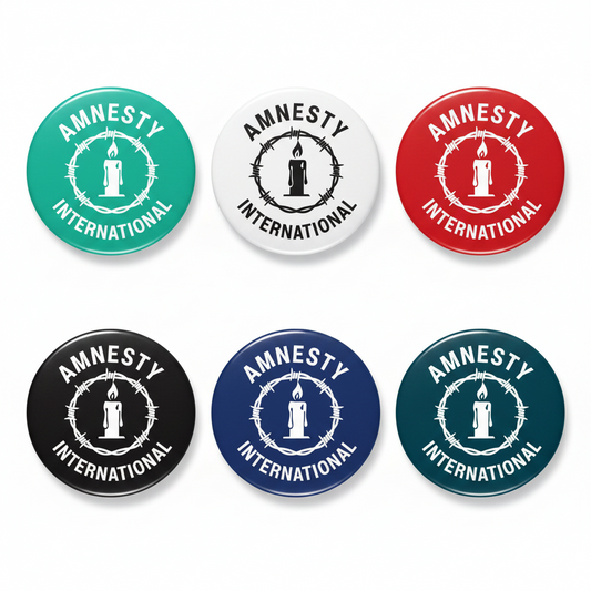 Amnesty International round pinback buttons, candle logo; teal, gray, red, black, blue, dark green